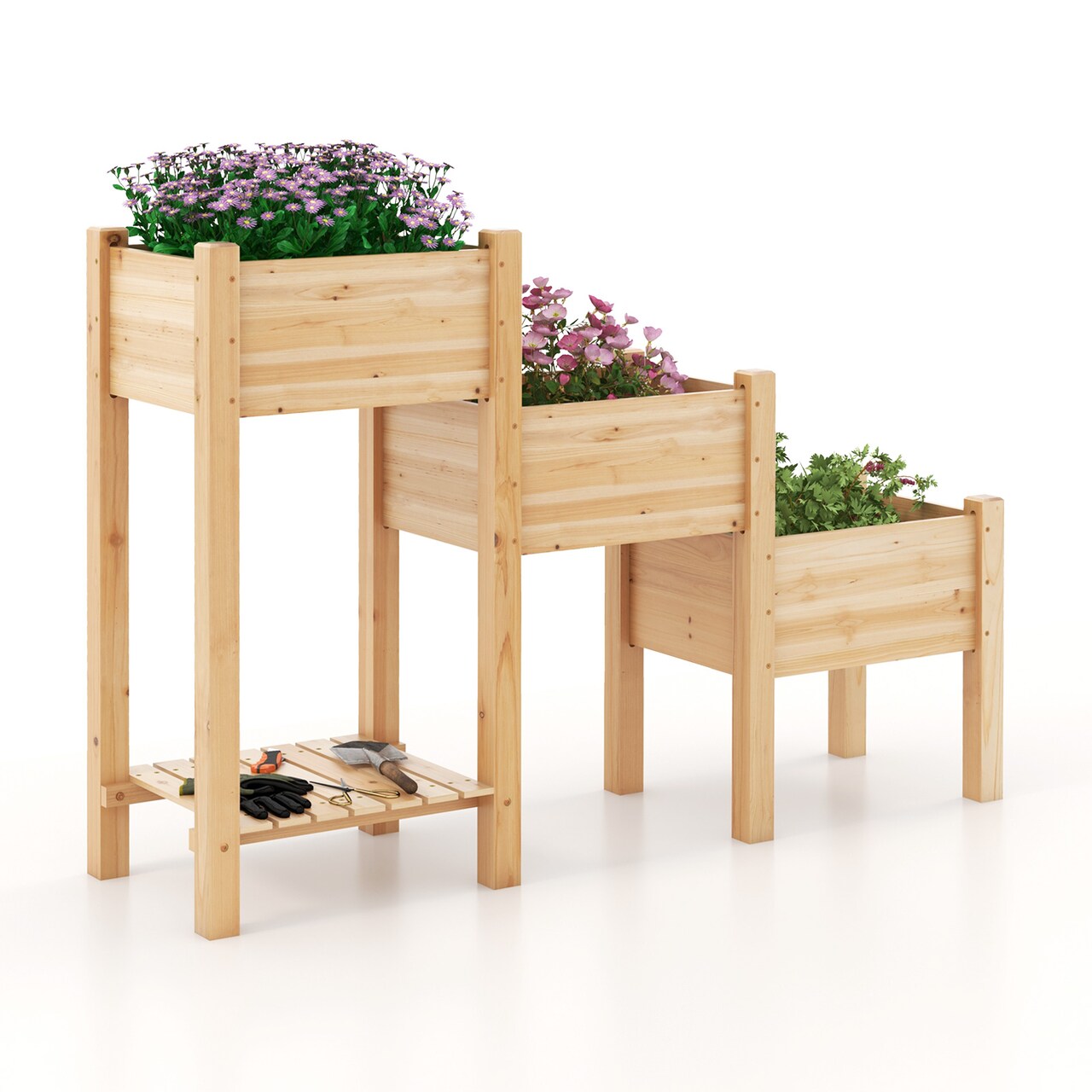 Natural Wood Raised Garden Planter 3-Tier Elevated Planter Boxes with Storage Shelf